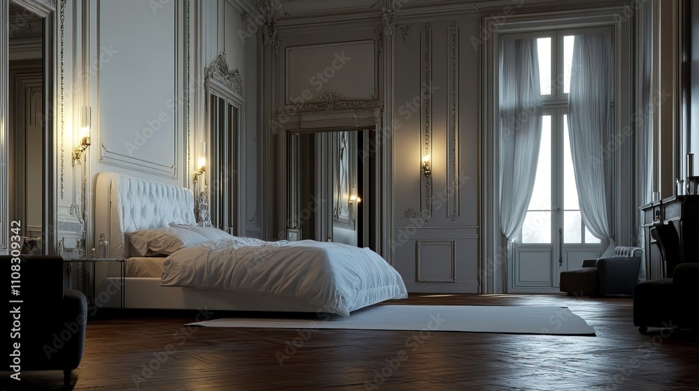 Fototapeta premium minimalistic stylish interior of luxury apartment with white stylish bedroom and dark living room 