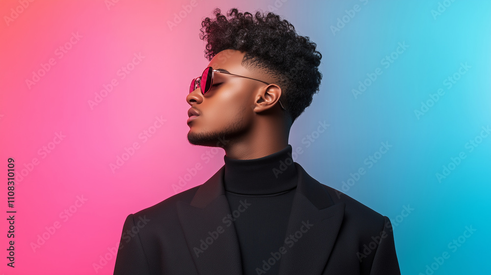 Obraz premium stylish man with curly hair and sunglasses poses against vibrant pink and blue background, exuding confidence and modern fashion.