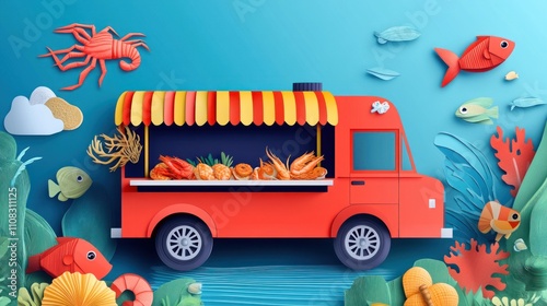 A red food truck with a blue awning and a yellow sign photo