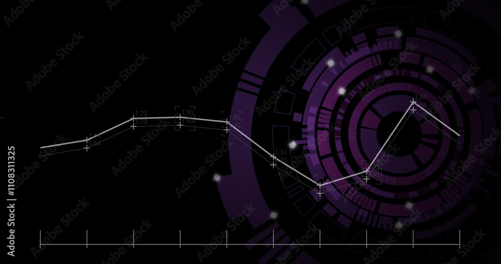 Obraz premium Line graph with data points over abstract purple and black circular image