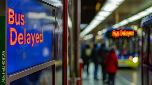 A bus station scene highlighting a 'Bus Delayed' sign, with people waiting in the background under bright lights.