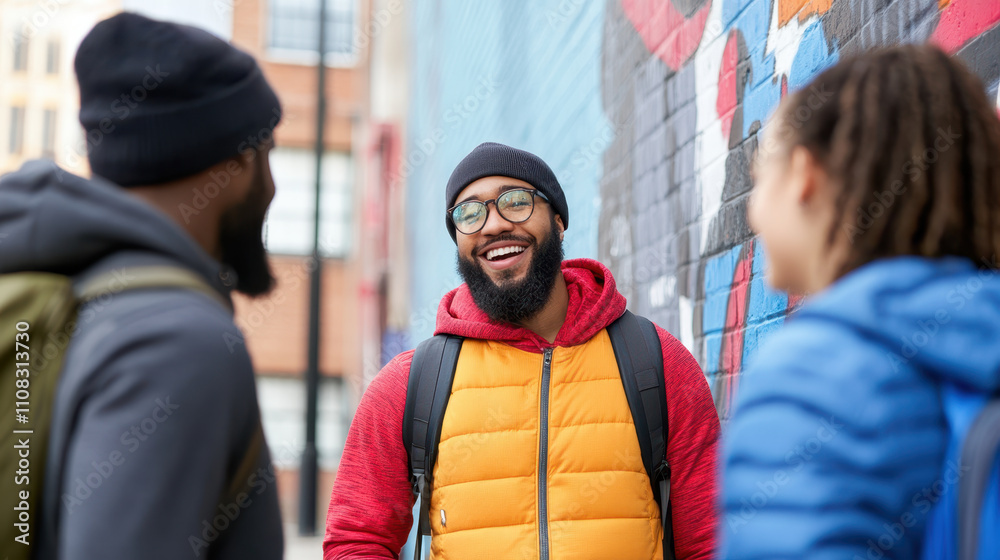 Fototapeta premium Young adults discussing human rights in front of colorful mural, expressing joy and camaraderie. Their vibrant clothing adds to lively atmosphere of urban setting