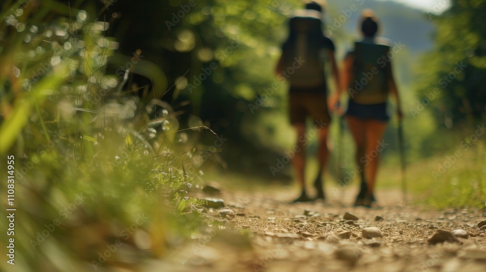 Fototapeta premium Defocused hikers strolling along a dirt path