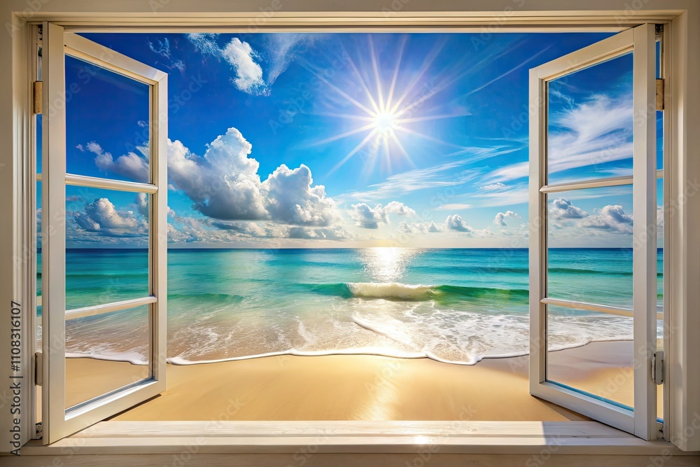 Fototapeta premium Serene Seaside Window View: Relaxing Ocean Panorama, Coastal Calm, Beach Escape, Holiday Getaway