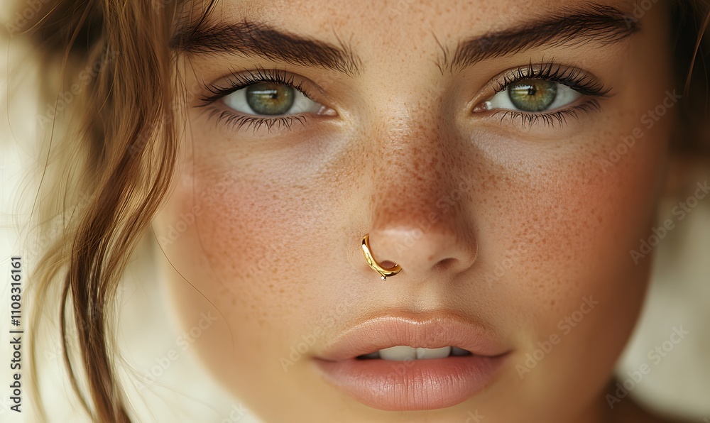 Fototapeta premium Model showcasing nose ring and skincare in a studio, emphasizing beauty, wellness, and natural cosmetics. Focus on healthy skin and luxurious facial products for young women,