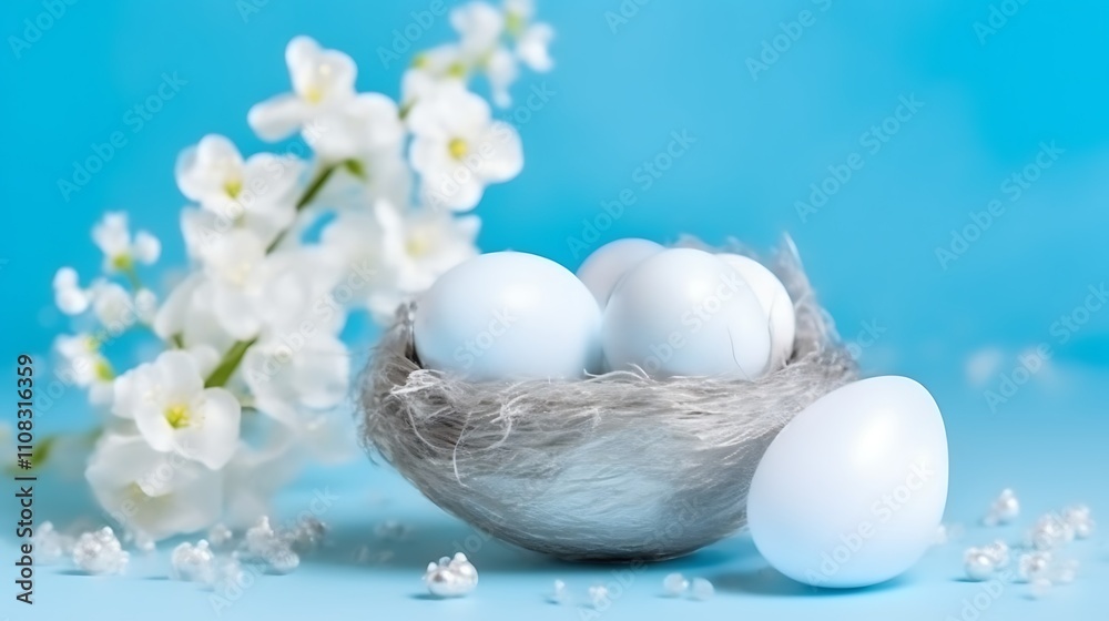 Pastel Blue Easter Eggs Nestled In Soft Grey Nest With White Flowers Pastel Blue Easter Eggs Nestled In Soft Grey Nest With White Flowers