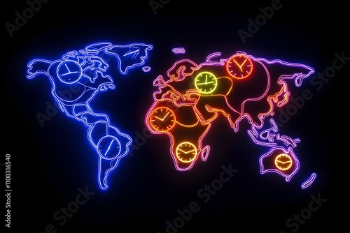 A modern rendition of a world map with glowing neon accents and countdown clocks representing different time zones, all on a black backdrop. photo