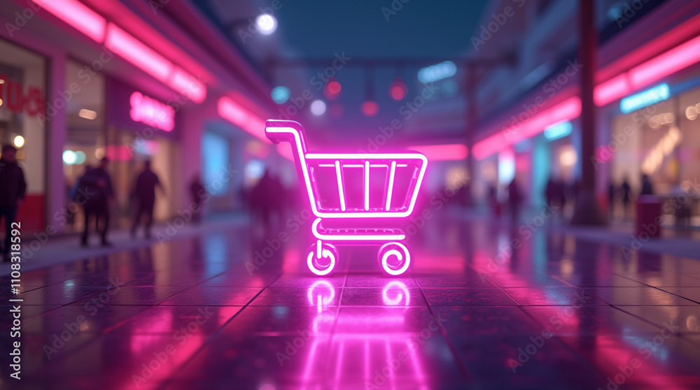 shopping cart in the city An illustration of a shopping cart icon in a futuristic setting. shopping cart in the city An illustration of a shopping cart icon in a futuristic setting.