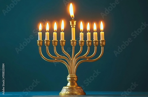 A beautifully lit golden menorah with nine candles evokes a serene atmosphere, perfect for Hanukkah celebrations, Jewish events, and holiday design.