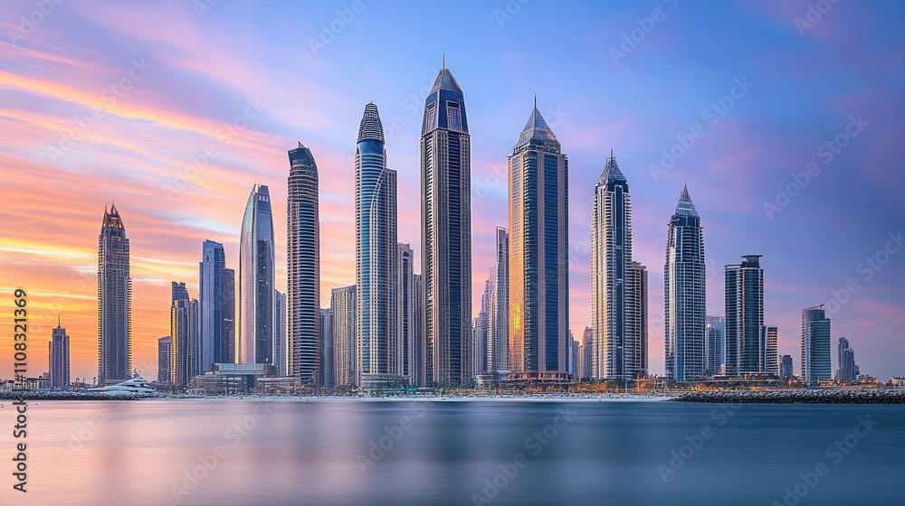 Obraz premium Skyline View of Modern City at Sunset