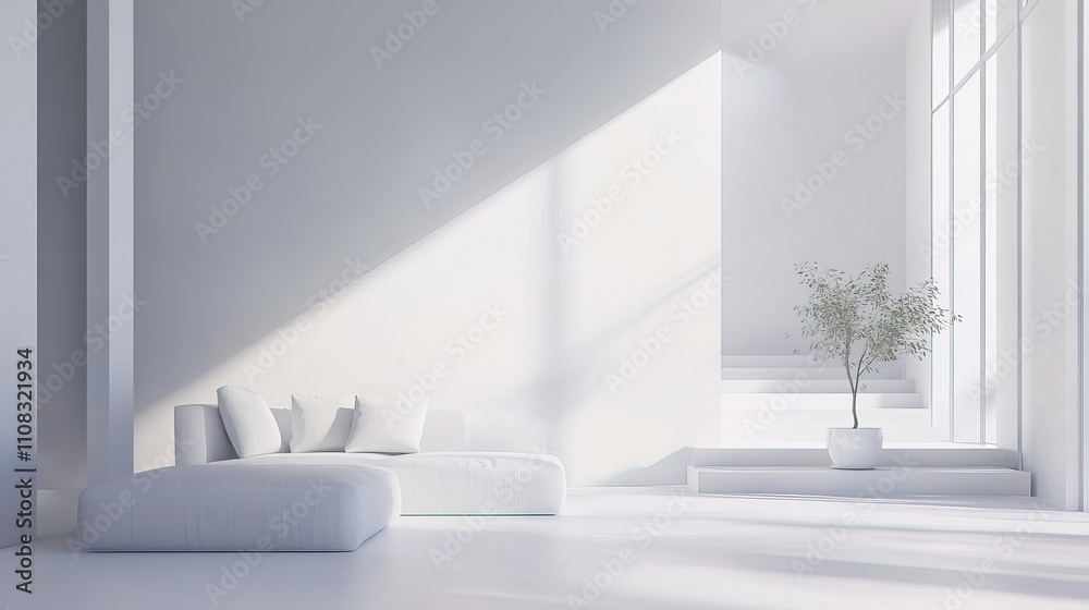 Fototapeta premium Minimalist and serene living room with a pure white sofa and minimal decor 