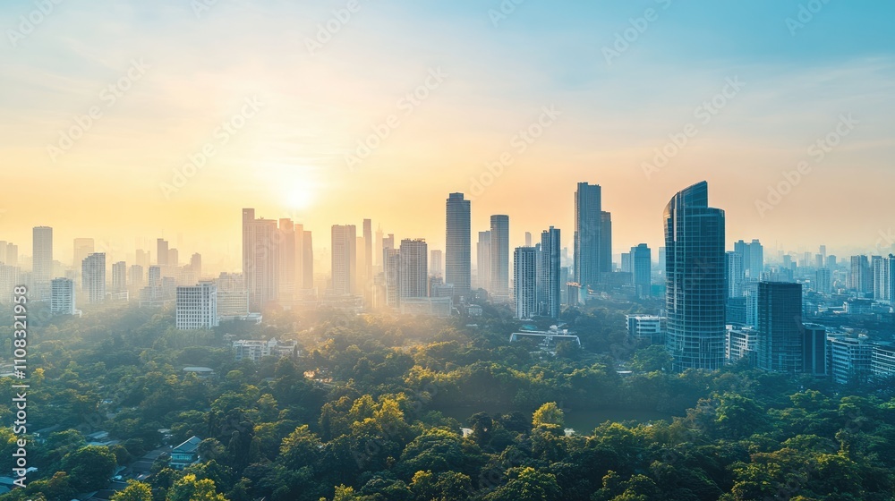 Fototapeta premium Urban Skyline at Sunrise with Misty Atmosphere