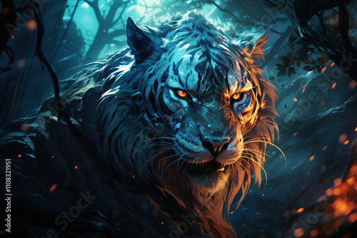 Majestic spiritual white tiger glowing blue lights. ,.    photo