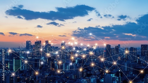 Urban Skyline with Network Connections at Sunset