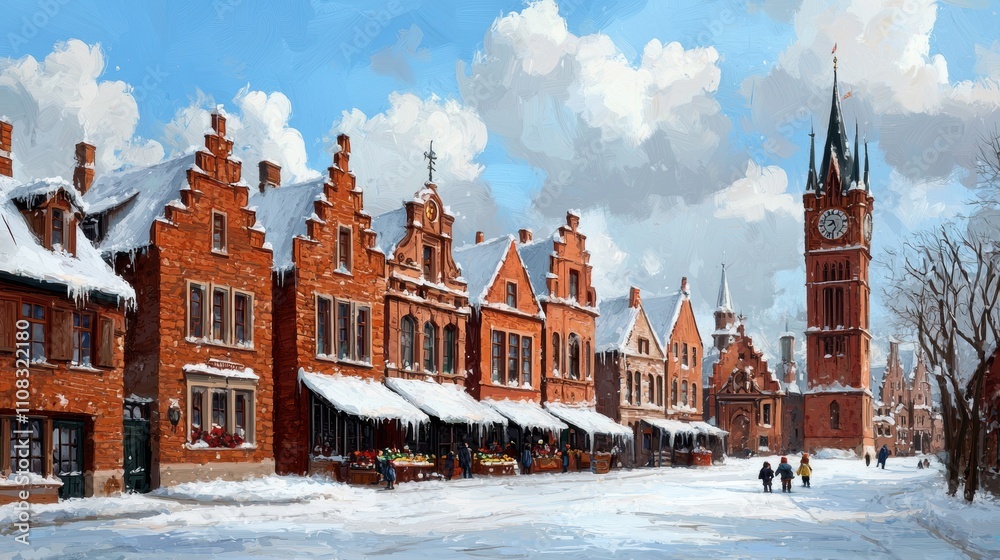 Obraz premium A painting of a snowy town with a clock tower