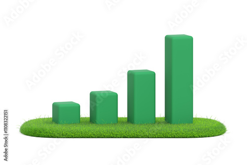 Green 3D histogram bar chart on grass. White background. Accounting calculation and financial business marketing analysis. Growth and profit. Object with clipping path. 3D Illustration. photo