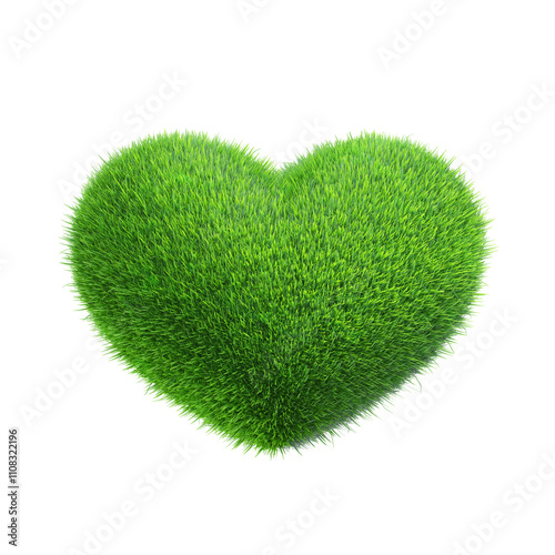 Green grass heart shape 3D on white background. Love nature conservation, planting or pure natural energy. Plants and ecology. Object with clipping path. 3D Illustration.