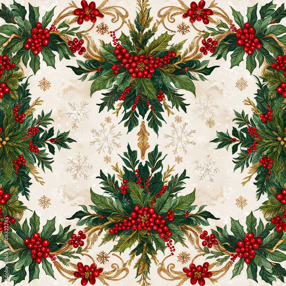 Fototapeta premium Elegant Christmas Holly and Red Berry Pattern with Golden Snowflake Details
