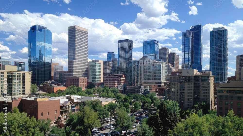 Fototapeta premium Modern City Skyline Under Blue Sky and Clouds