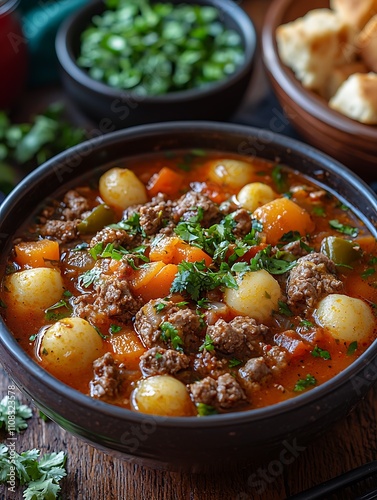 A hearty bowl of flavorful beef and potato stew, garnished with fresh cilantro, ready to be enjoyed.