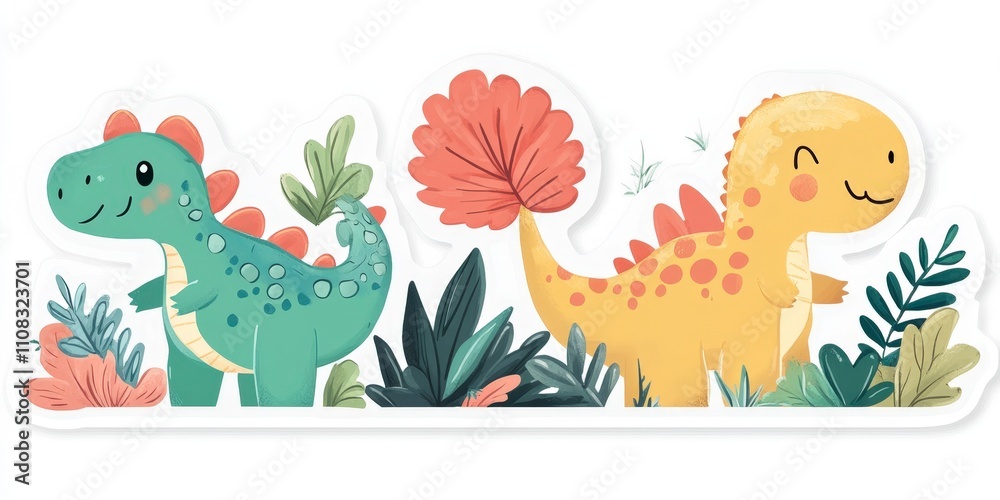 Fototapeta premium Cute Cartoon Dinosaurs in Tropical Foliage Sticker Sheet Design
