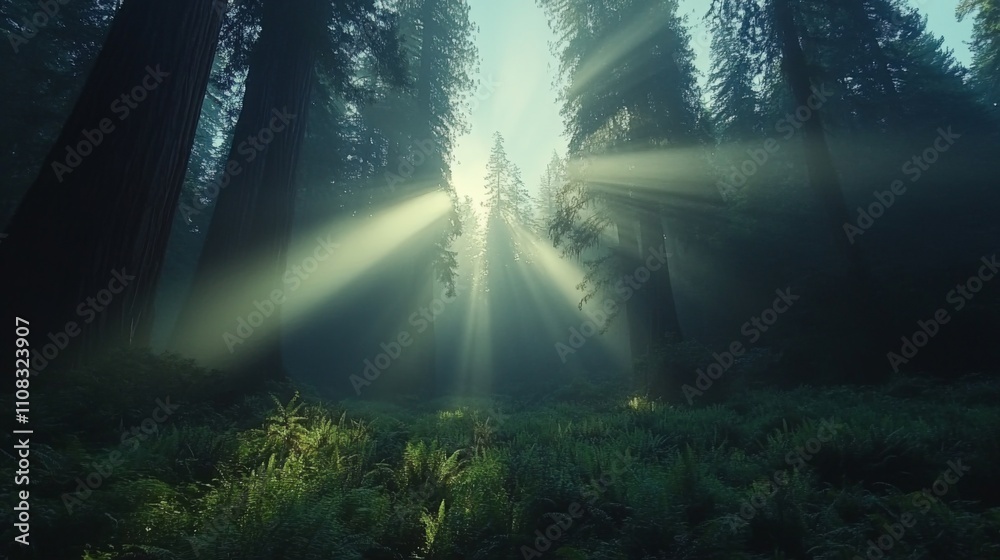 Fototapeta premium Sunbeams Piercing Through a Dense Foggy Redwood Forest