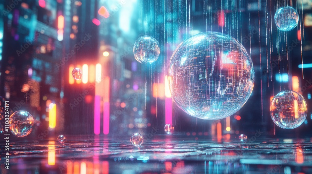Fototapeta premium Futuristic Cityscape with Digital Spheres and Lights