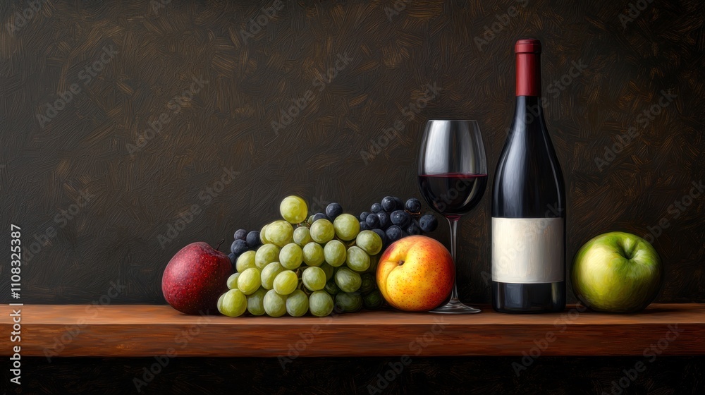 A bottle of wine, a glass, and a bunch of grapes are on a wooden shelf A bottle of wine, a glass, and a bunch of grapes are on a wooden shelf