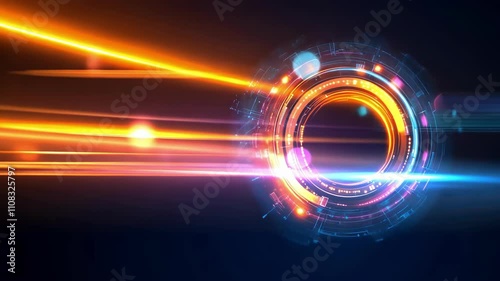 Futuristic glowing circle with colorful light trails on a dark background photo