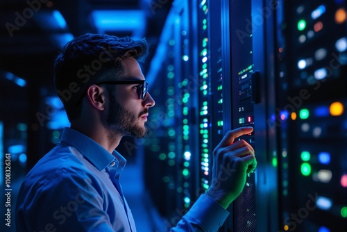 Concentrated IT Technician Adjusting Server Settings in Modern Data Center with Colorful LED Lights photo