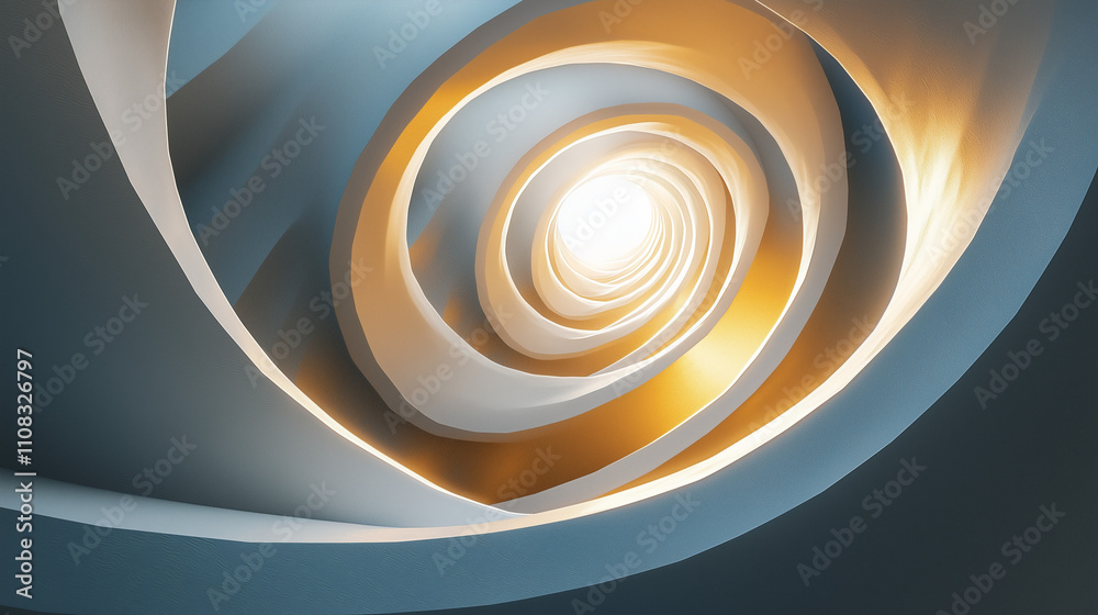 Fototapeta premium A digitally rendered image showcases a mesmerizing spiral staircase. Light emanates from the center, highlighting the smooth, curving, grey and gold architectural elements.