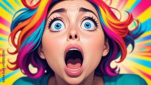 A woman with rainbow hair and wide eyes screams in surprise against a colorful background.
