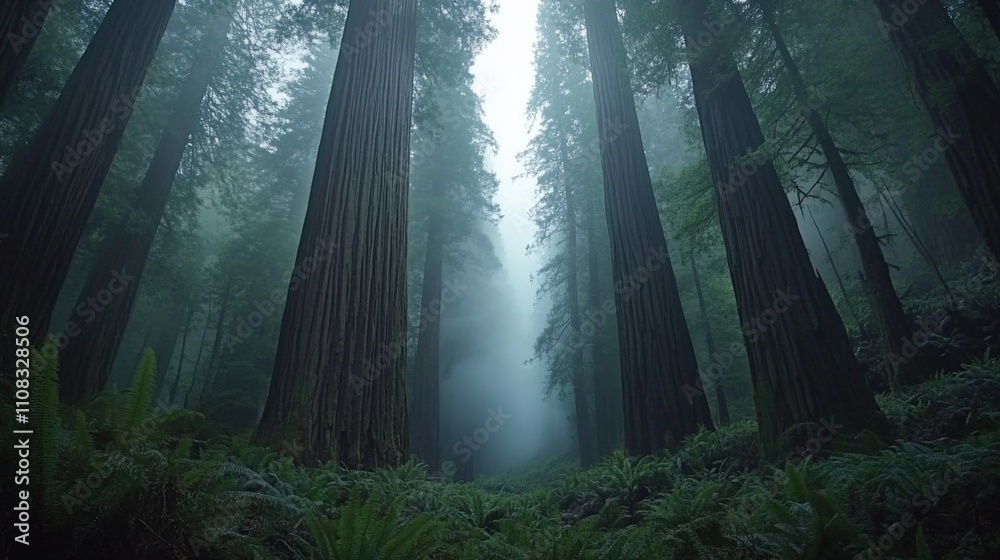 Obraz premium Tall Redwood Trees in a Foggy Forest