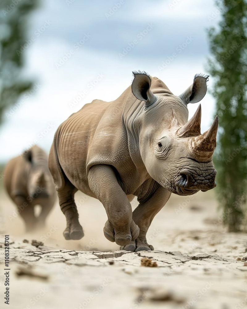 Fototapeta premium Dynamic rhinoceros charging across cracked savanna wildlife action scene african landscape conceptual nature viewpoint