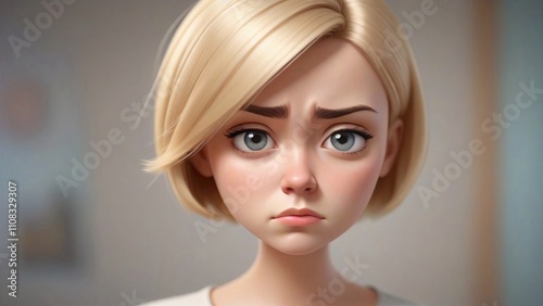 A 3D rendered cartoon woman with blonde hair and blue eyes, looking sad and concerned.