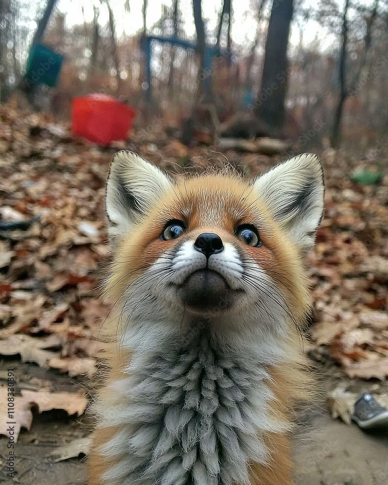 Obraz premium Curious wide-eyed fox kit explores leafy forest floor nature outdoor environment close-up view conceptual wonder