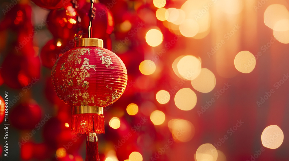 Obraz premium Colorful red lanterns illuminate a festive celebration in a vibrant market setting