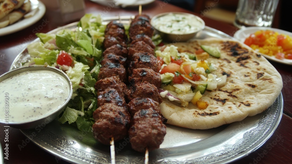 Turkish kebabs grilled to perfection, served with pita bread, fresh salad, and yogurt sauce, with a traditional Turkish setting Turkish kebabs grilled to perfection, served with pita bread, fresh salad, and yogurt sauce, with a traditional Turkish setting