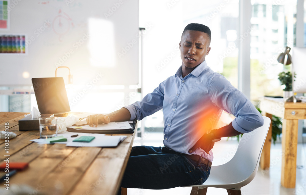 Hurt, office and black man with back pain, stress or muscle injury emergency with bad posture. Uncomfortable, business or tired accountant for anatomy with spine inflammation, red glow or scoliosis Hurt, office and black man with back pain, stress or muscle injury emergency with bad posture. Uncomfortable, business or tired accountant for anatomy with spine inflammation, red glow or scoliosis