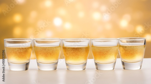 Five Golden Alcoholic Beverages in Shot Glasses photo