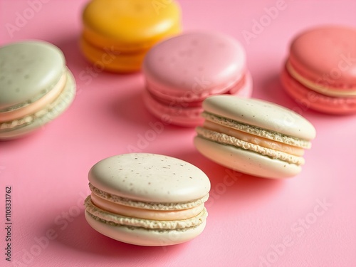 several macarons are arranged on a pink surface with a pink background.