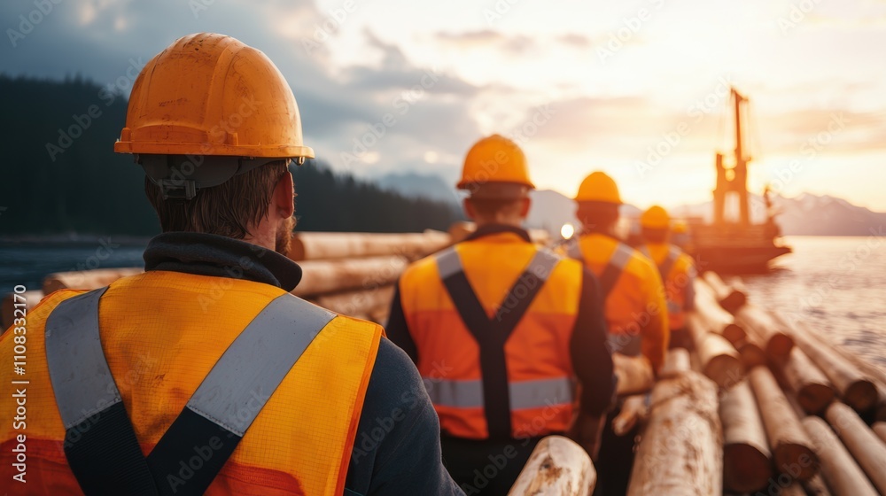 A group of men wearing orange vests and hard hats are standing on a boat A group of men wearing orange vests and hard hats are standing on a boat