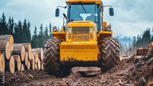 A yellow construction vehicle is driving through a muddy field