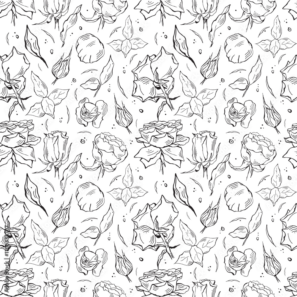 Fototapeta premium Black and white seamless vector pattern with roses, buds and leaves.