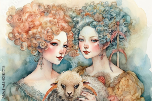 two curly girl sisters and sheep portrait, watercolor, illustration., watercolor style,  photo