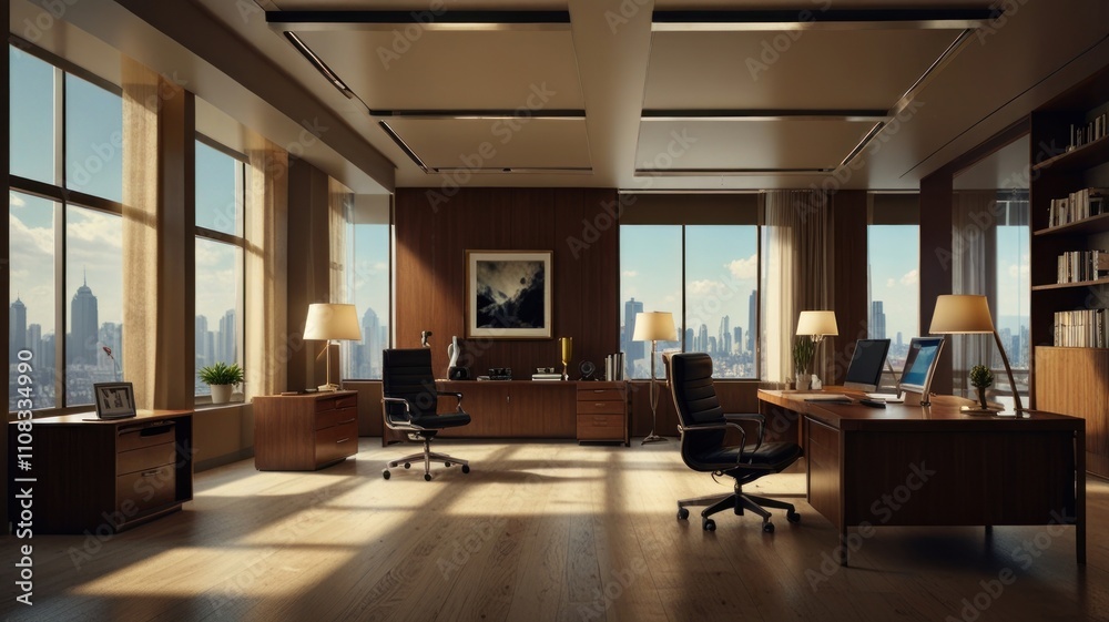 Fototapeta premium Here's a caption and keywords for your stock photo.. Sunlit modern executive office with city view, hardwood floors, large windows, and two desks.