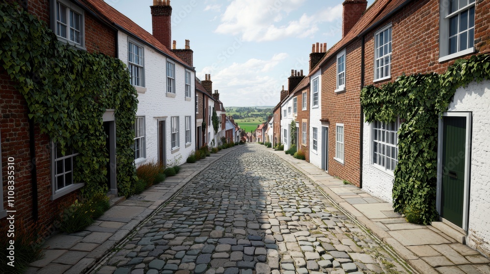 Fototapeta premium A cobblestone street with houses on either side