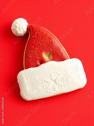 there is a cookie shaped like a santa hat with a red background. photo