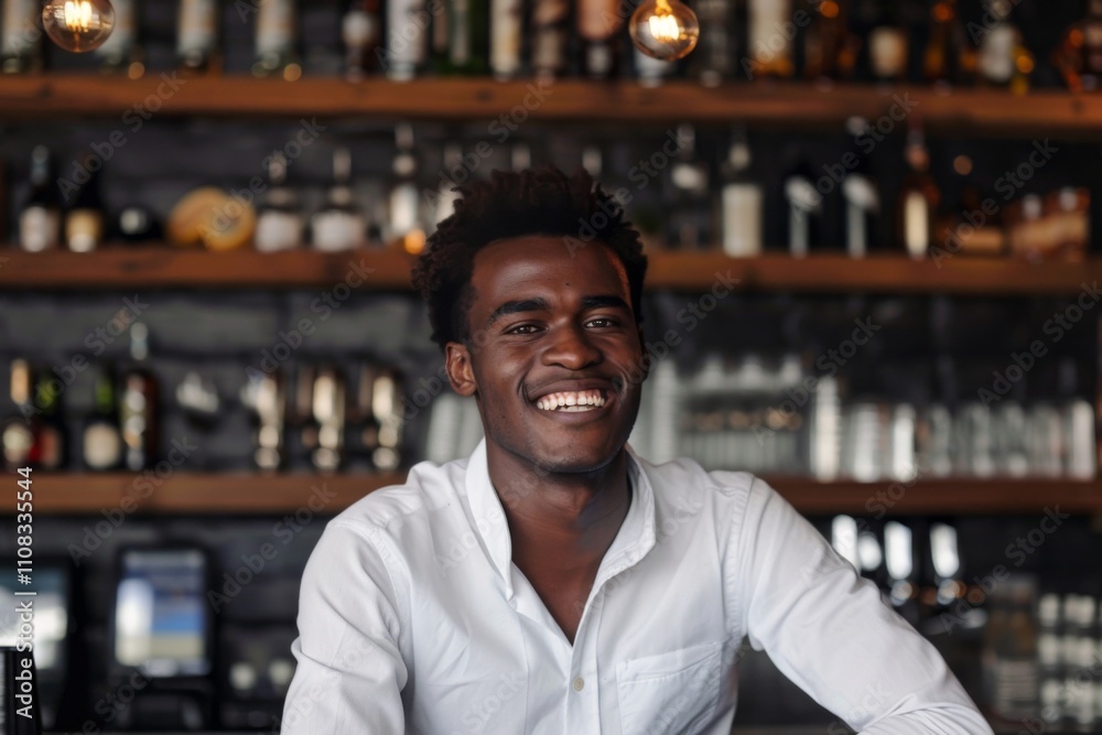 Fototapeta premium Smiling portrait of a young African American male bartender