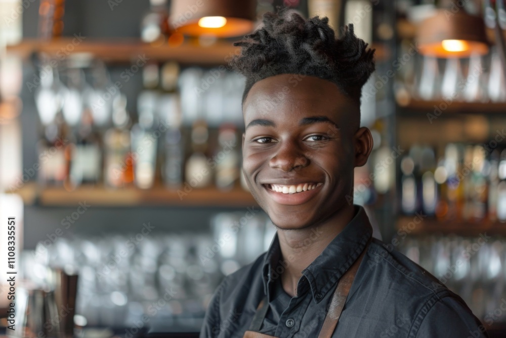 Fototapeta premium Smiling portrait of a young African American male bartender